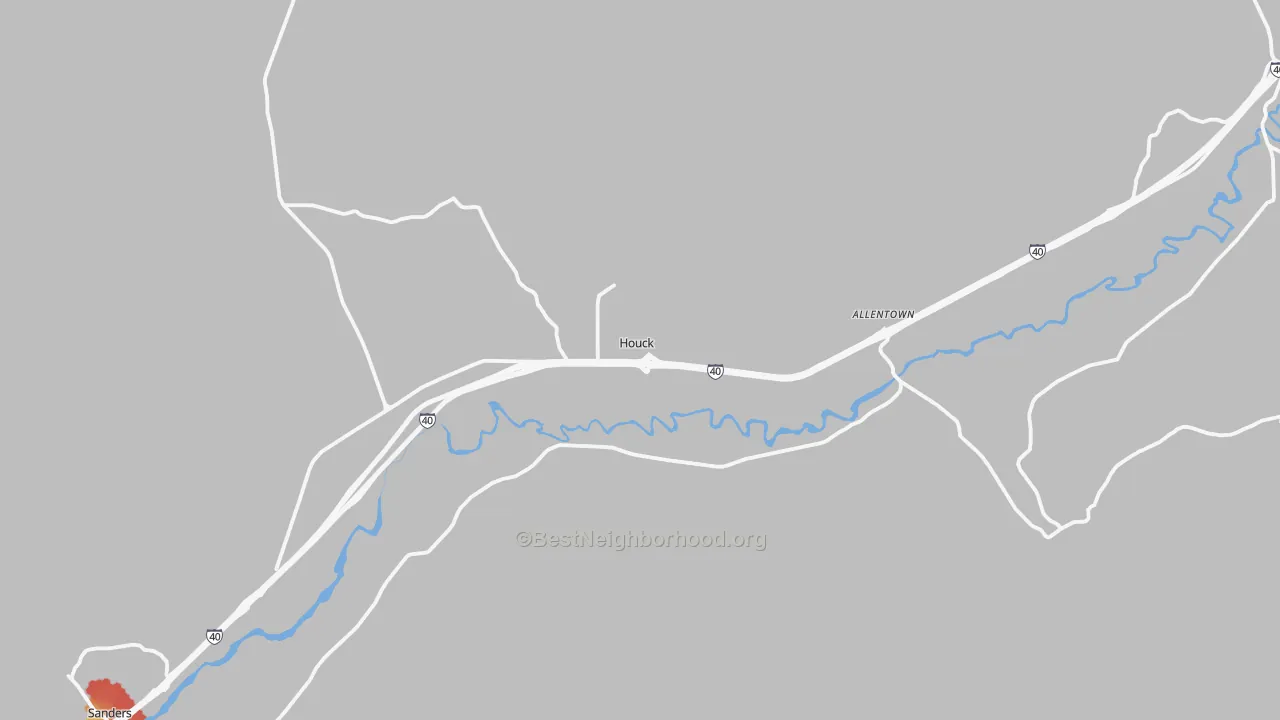 Walk Grade map of Houck, AZ, walkable areas in green and car-dependent areas in red