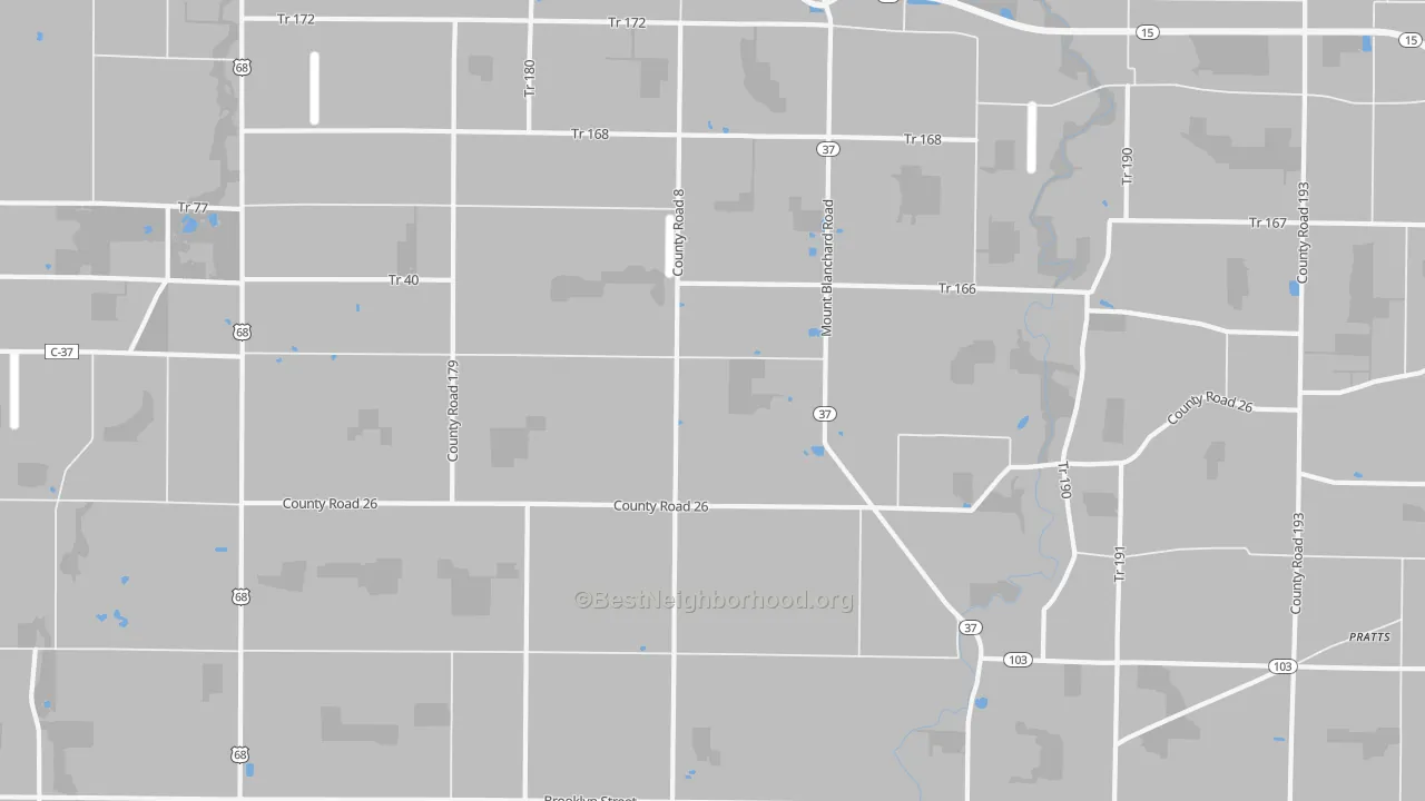 Walk Grade map of Houcktown, OH, walkable areas in green and car-dependent areas in red