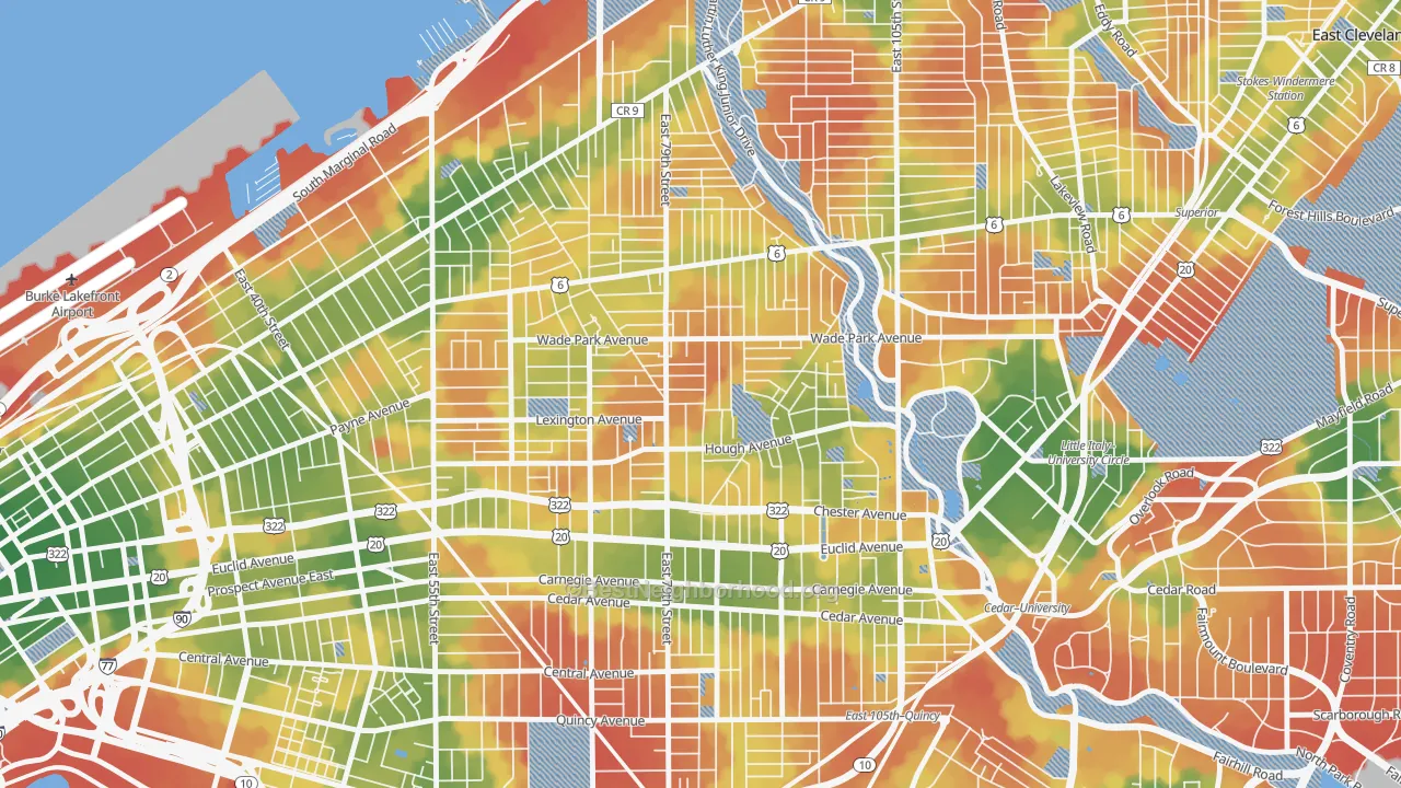 Walk Grade map of Hough, Cleveland, OH, walkable areas in green and car-dependent areas in red