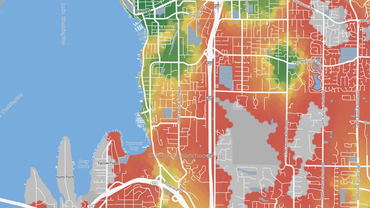 Walk Grade map of Houghton, Kirkland, WA, walkable areas in green and car-dependent areas in red