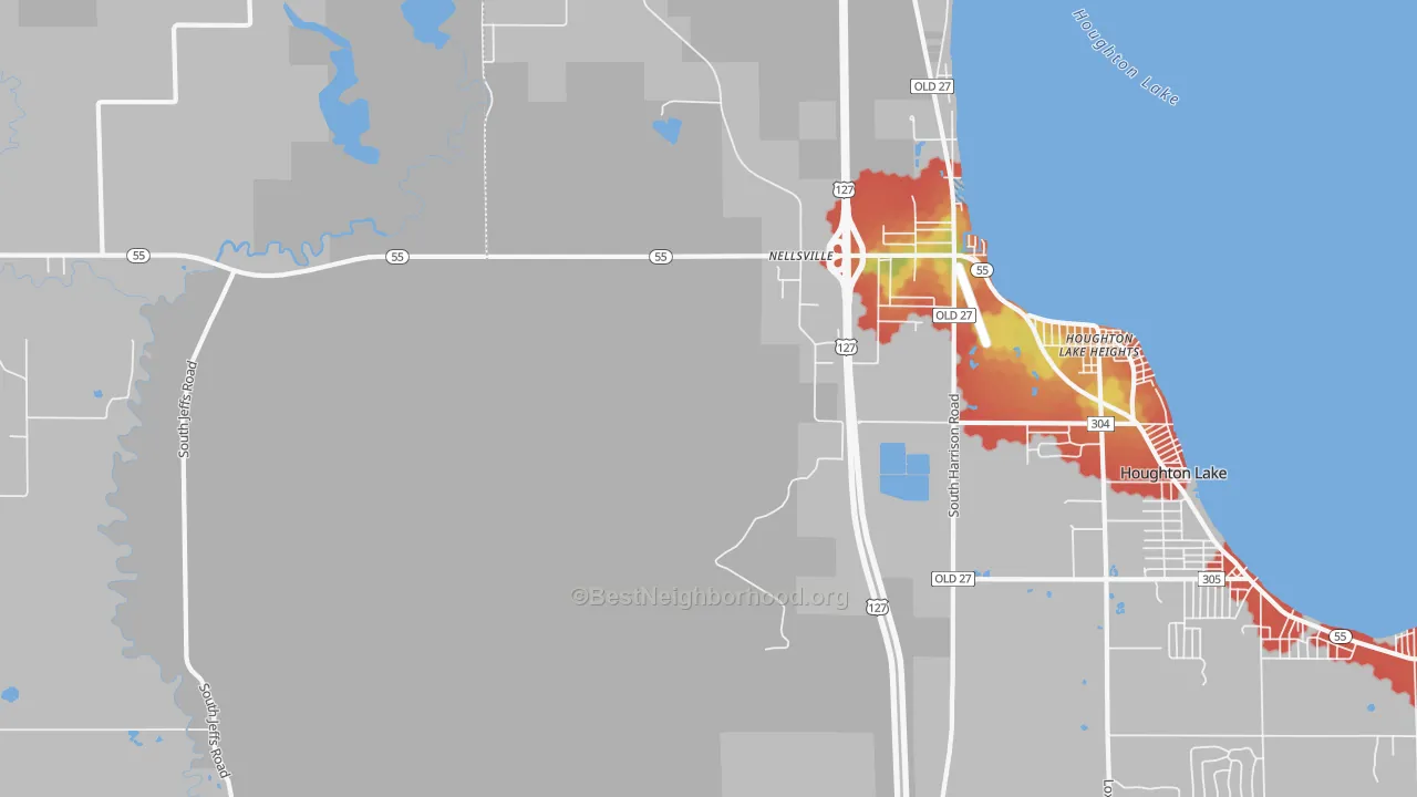 Walk Grade map of Houghton Lake Heights, MI, walkable areas in green and car-dependent areas in red