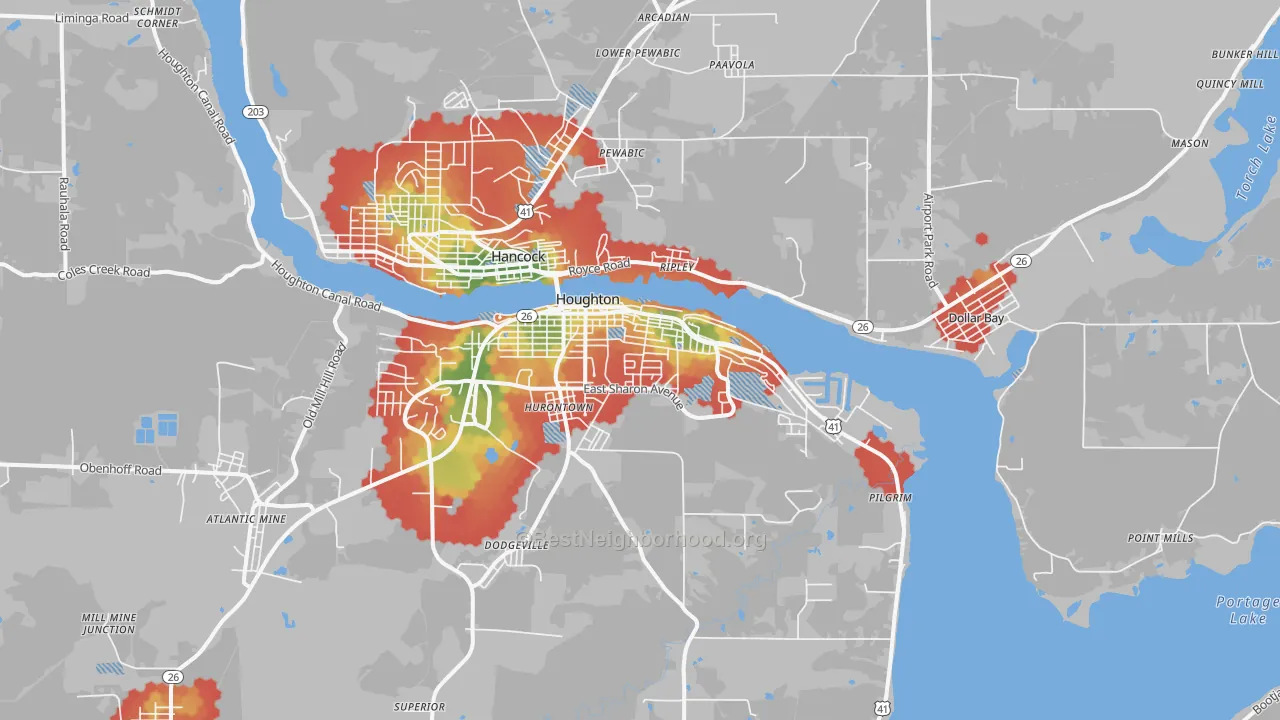 Walk Grade map of Houghton, MI, walkable areas in green and car-dependent areas in red