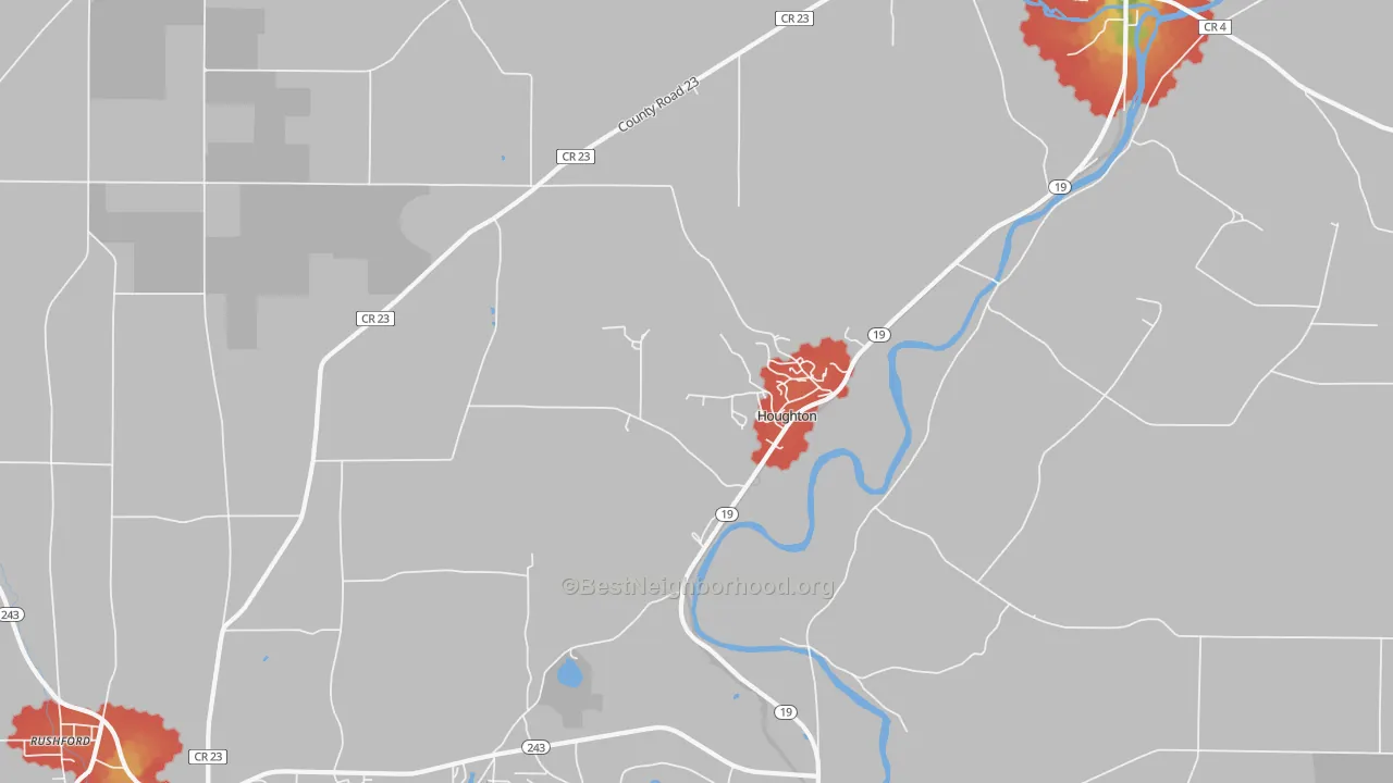 Walk Grade map of Houghton, NY, walkable areas in green and car-dependent areas in red
