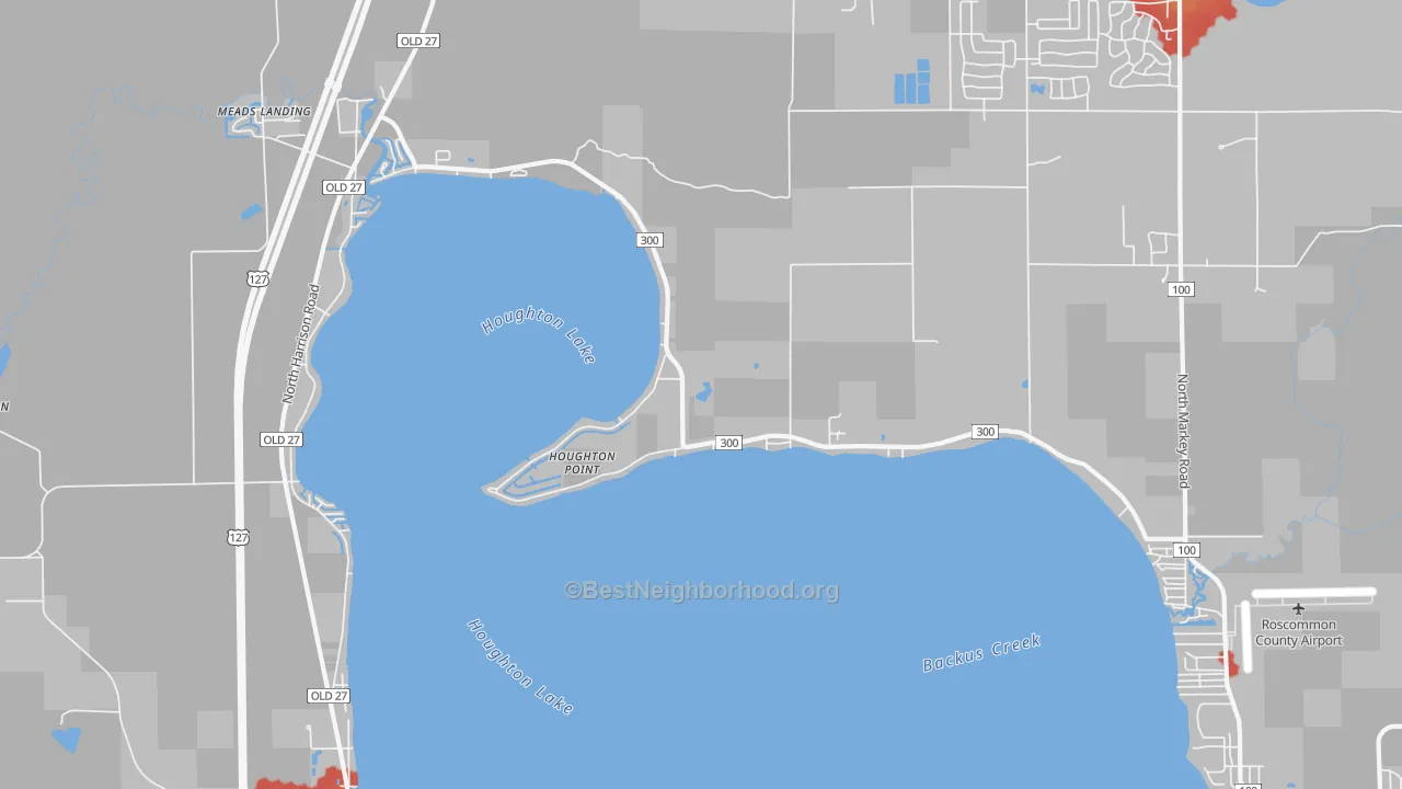 Walk Grade map of Houghton Point, MI, walkable areas in green and car-dependent areas in red