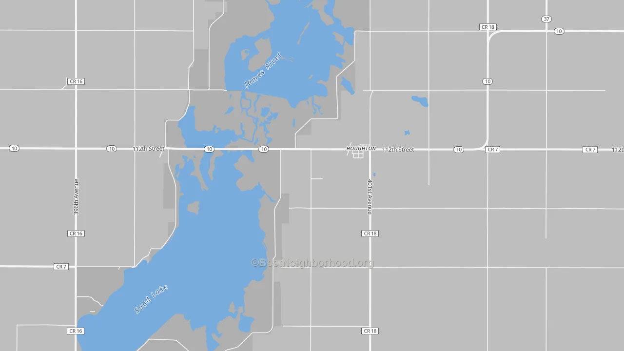 Walk Grade map of Houghton, SD, walkable areas in green and car-dependent areas in red