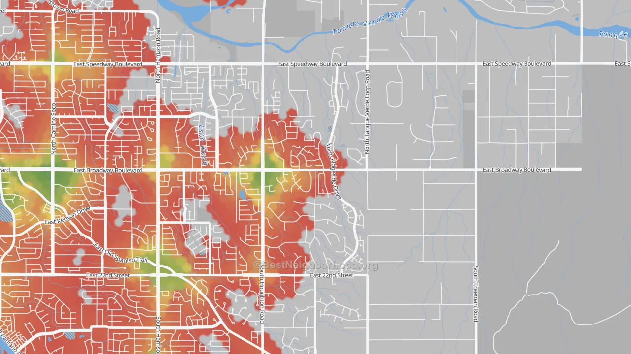 Walk Grade map of Houghton, Tucson, AZ, walkable areas in green and car-dependent areas in red