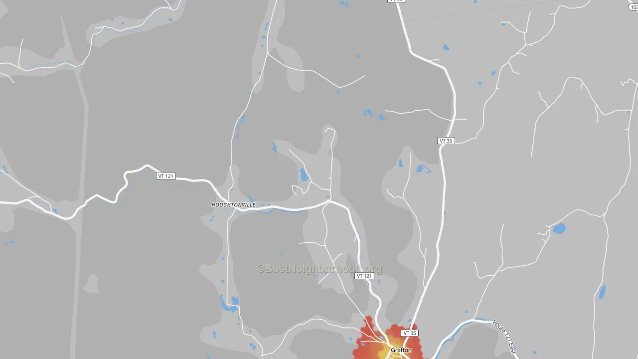 Walk Grade map of Houghtonville, VT, walkable areas in green and car-dependent areas in red