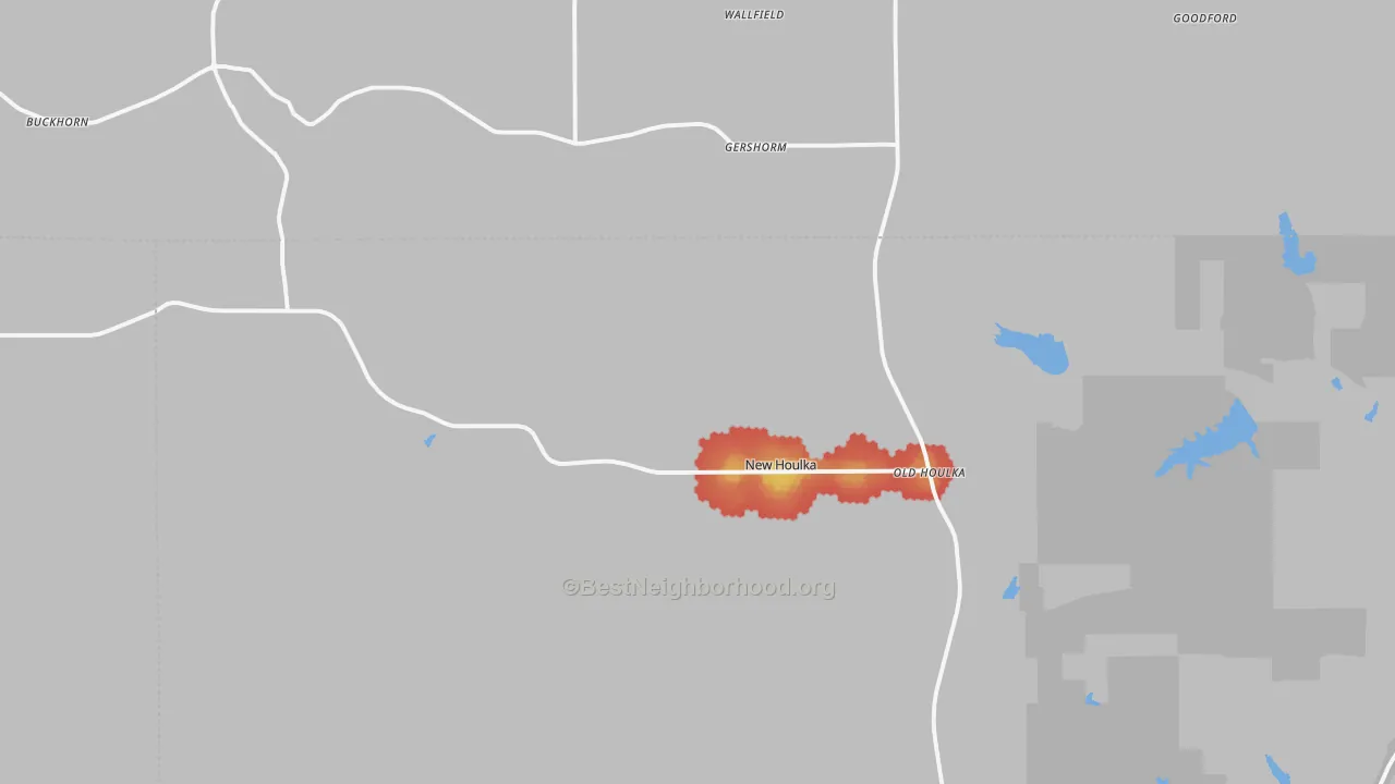 Walk Grade map of Houlka, MS, walkable areas in green and car-dependent areas in red