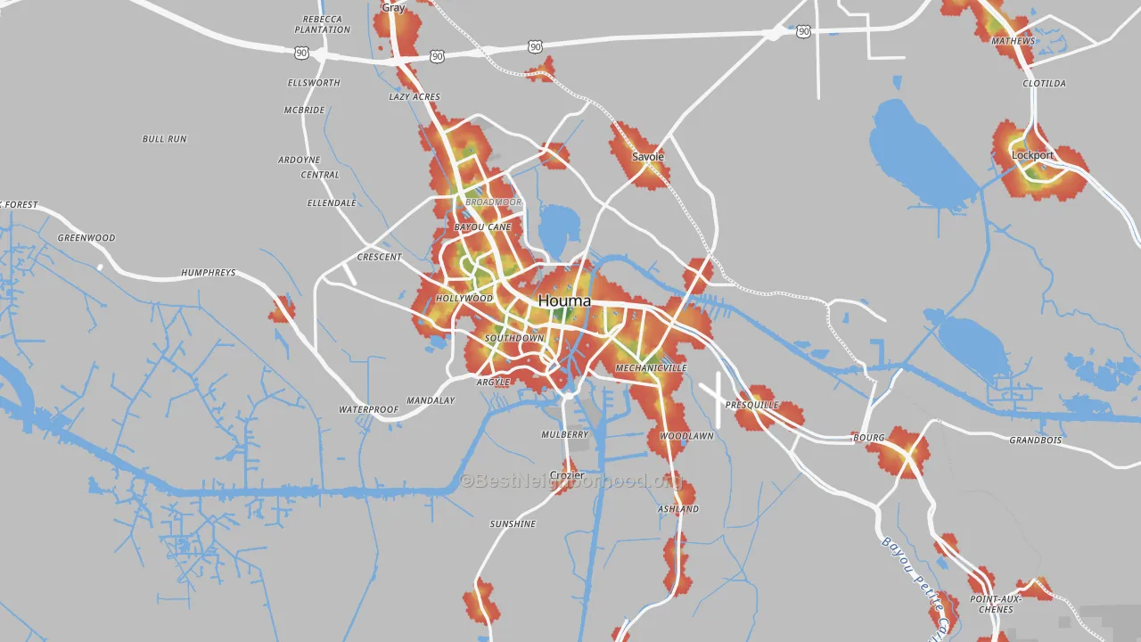 Walk Grade map of Houma, LA, walkable areas in green and car-dependent areas in red