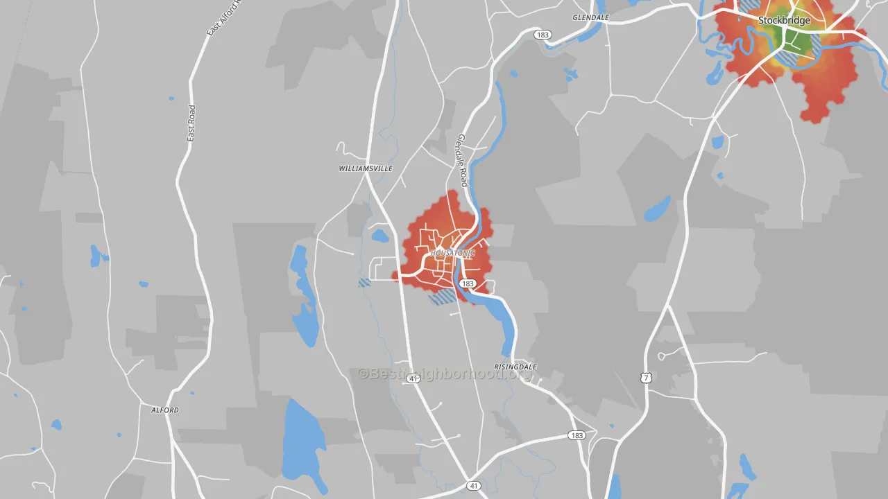 Walk Grade map of Housatonic, MA, walkable areas in green and car-dependent areas in red