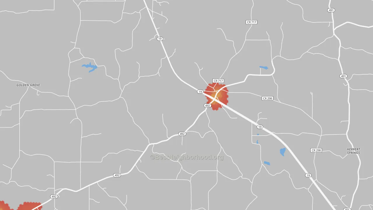 Walk Grade map of House, MS, walkable areas in green and car-dependent areas in red