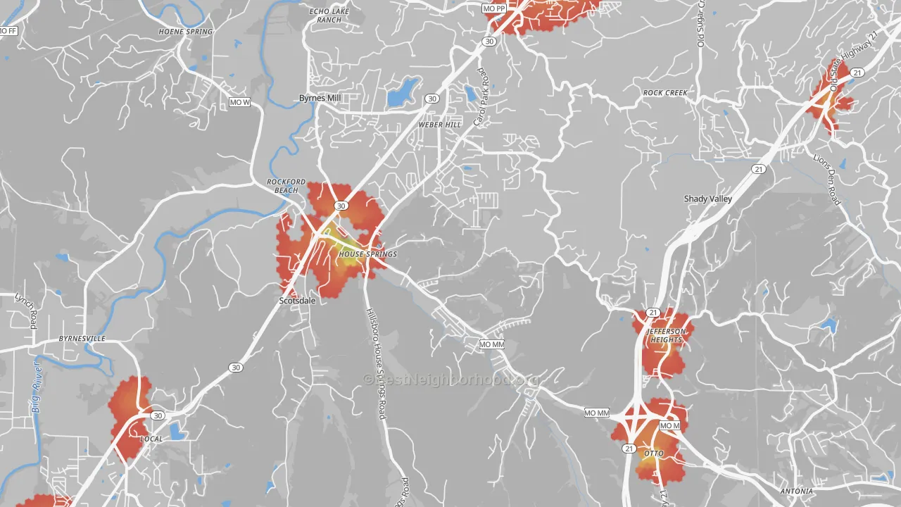 Walk Grade map of House Springs, MO, walkable areas in green and car-dependent areas in red