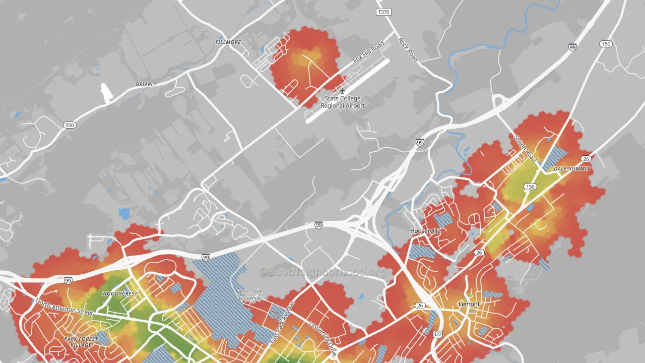 Walk Grade map of Houserville, PA, walkable areas in green and car-dependent areas in red