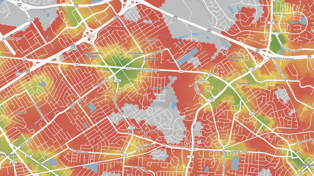 Walk Grade map of Houston Acres, KY, walkable areas in green and car-dependent areas in red