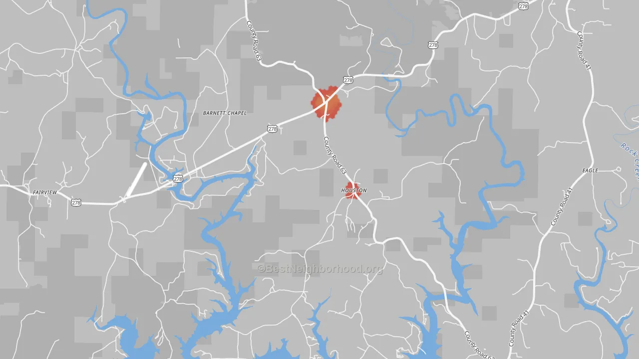 Walk Grade map of Houston, AL, walkable areas in green and car-dependent areas in red
