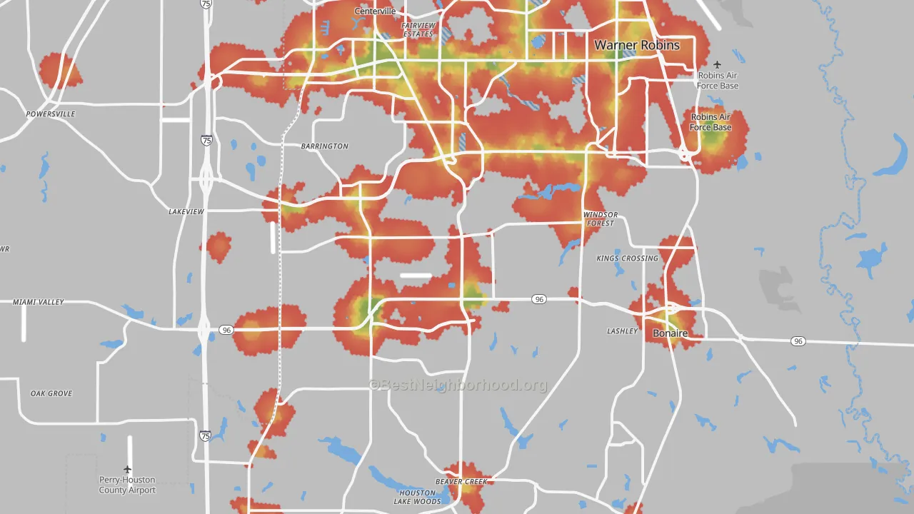 Walk Grade map of Houston County, GA, walkable areas in green and car-dependent areas in red
