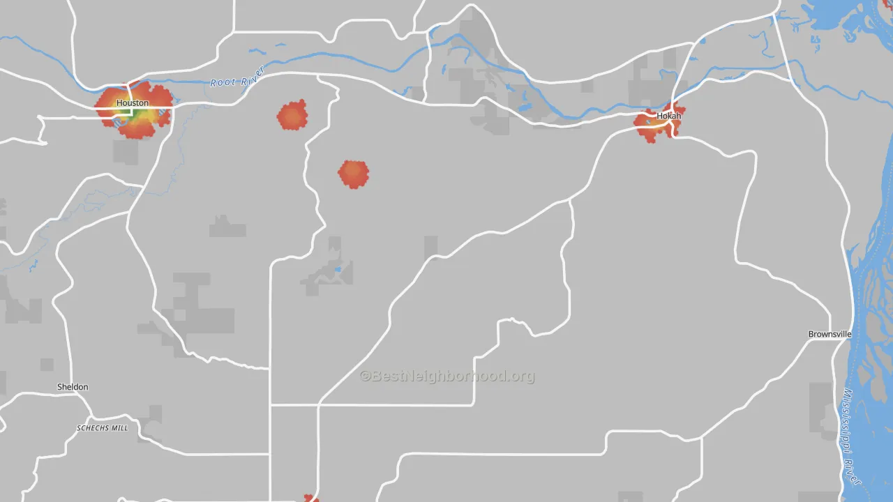 Walk Grade map of Houston County, MN, walkable areas in green and car-dependent areas in red