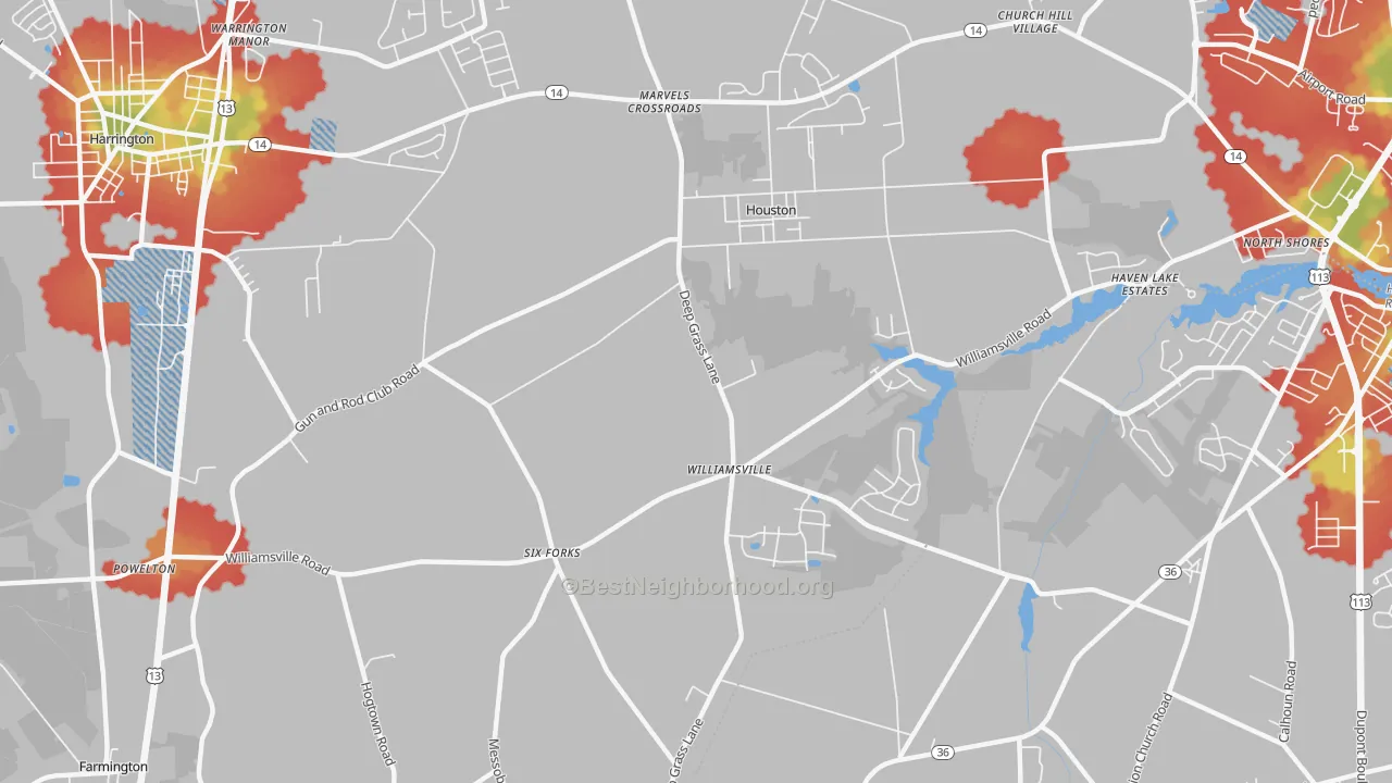 Walk Grade map of Houston, DE, walkable areas in green and car-dependent areas in red