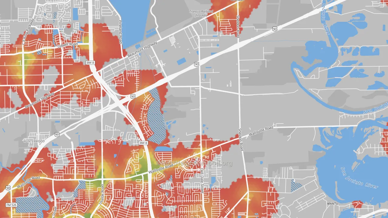 Walk Grade map of Houston Farms, Houston, TX, walkable areas in green and car-dependent areas in red