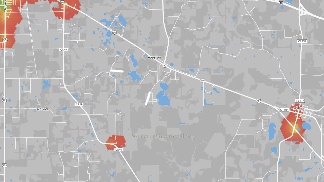 Walk Grade map of Houston, FL, walkable areas in green and car-dependent areas in red