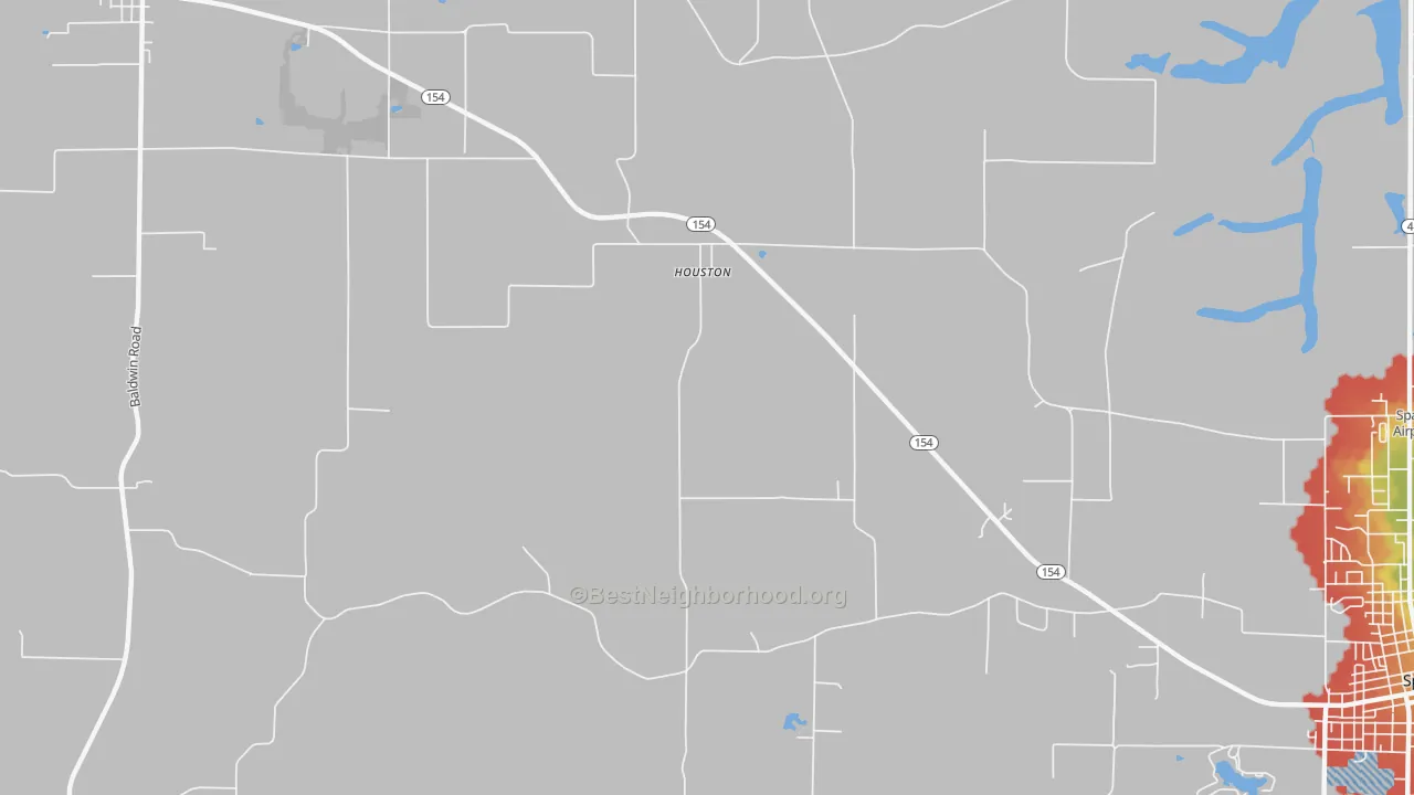 Walk Grade map of Houston, IL, walkable areas in green and car-dependent areas in red