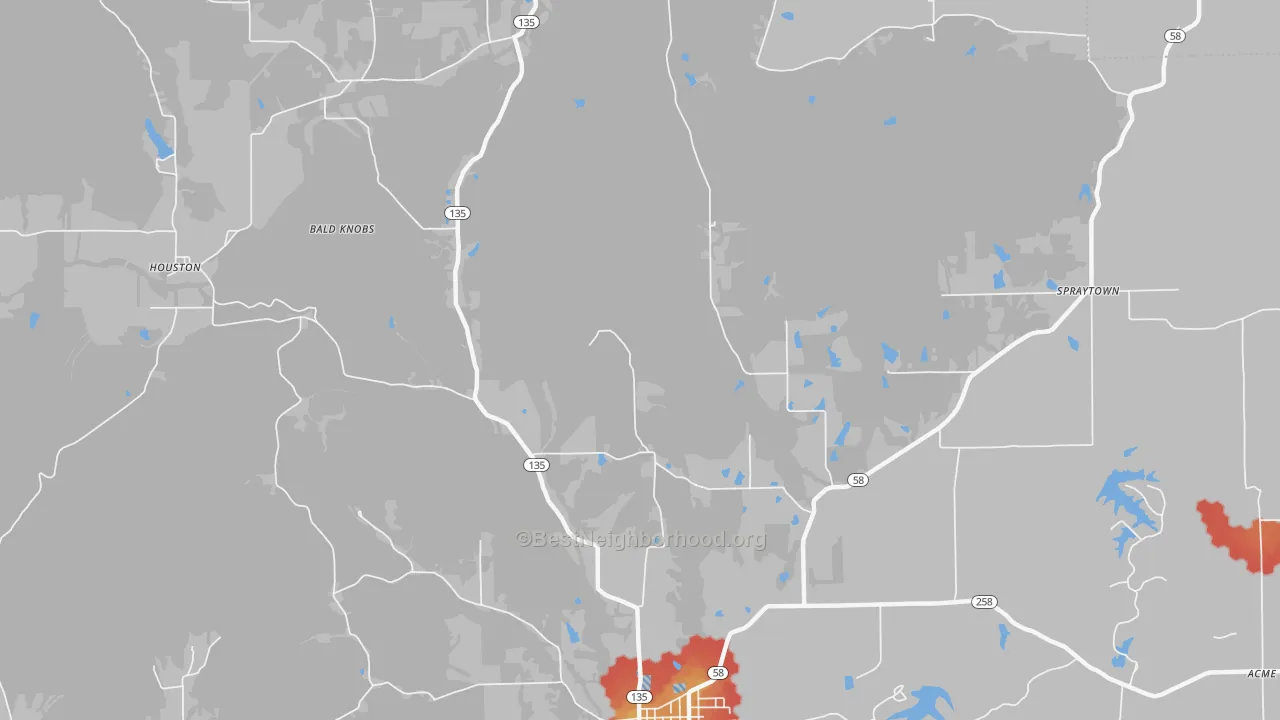 Walk Grade map of Houston, IN, walkable areas in green and car-dependent areas in red