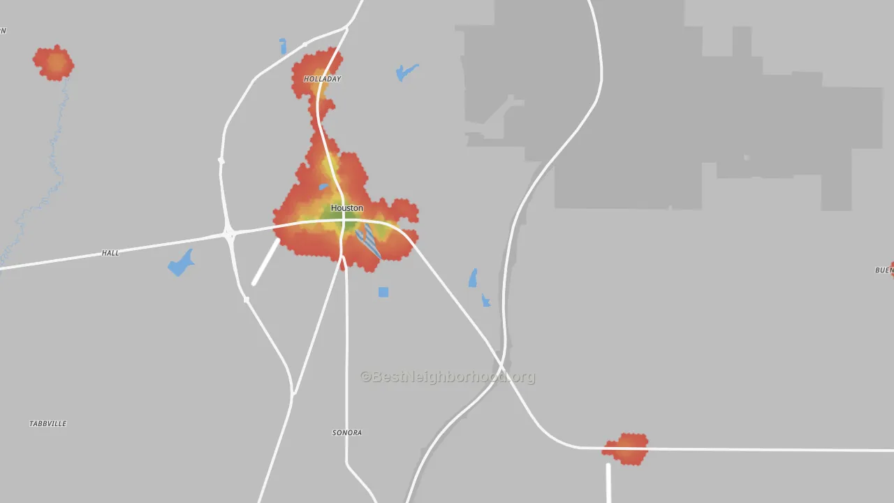 Walk Grade map of Houston, MS, walkable areas in green and car-dependent areas in red