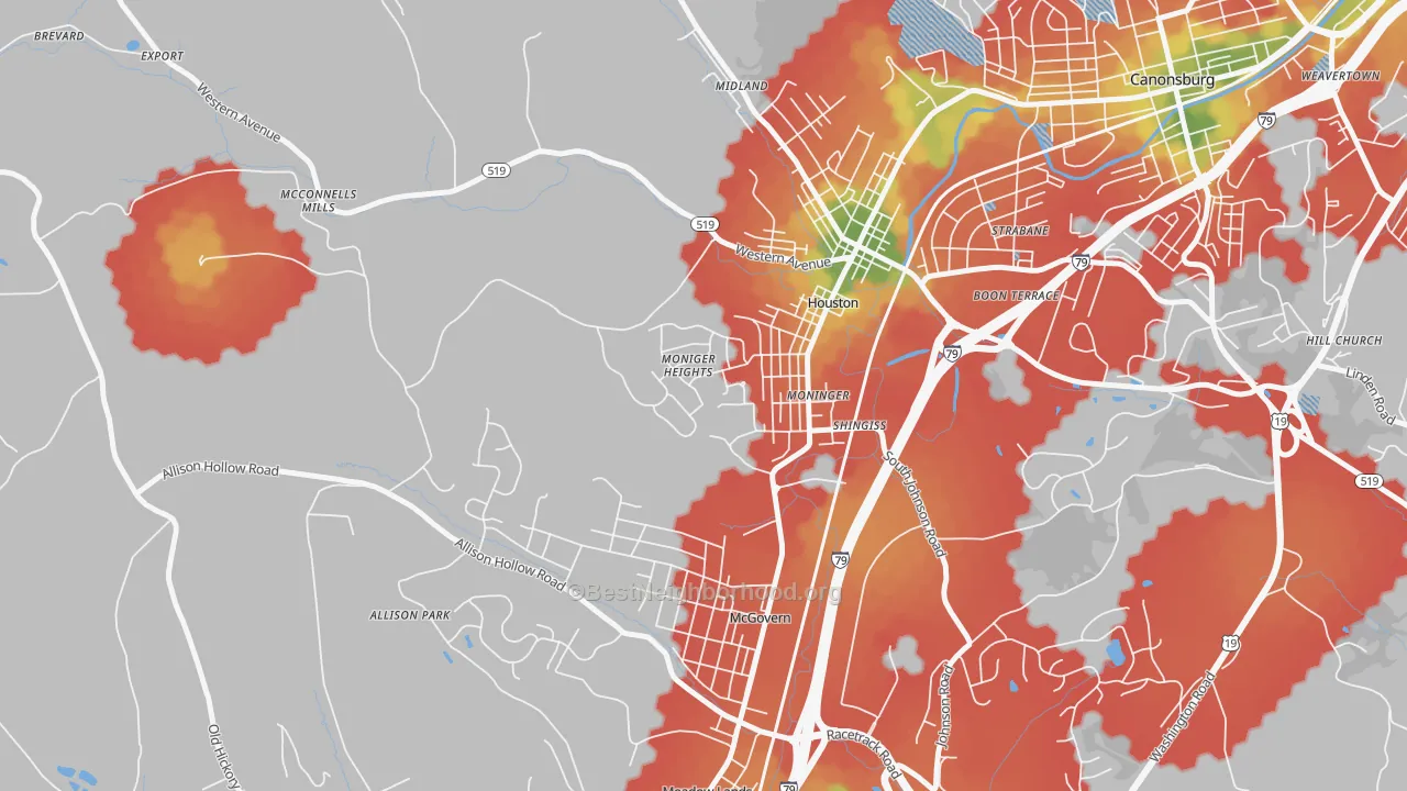 Walk Grade map of Houston, PA, walkable areas in green and car-dependent areas in red