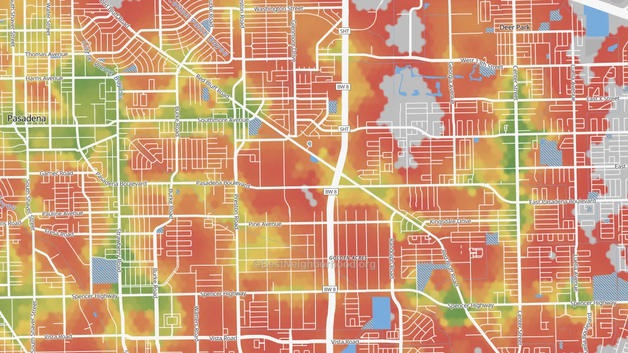 Walk Grade map of Houston Suburban Homes, Pasadena, TX, walkable areas in green and car-dependent areas in red