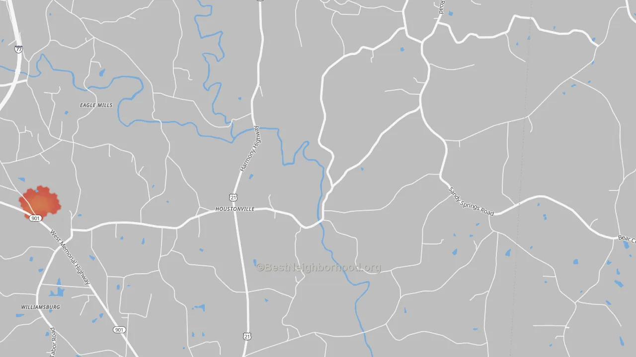 Walk Grade map of Houstonville, NC, walkable areas in green and car-dependent areas in red