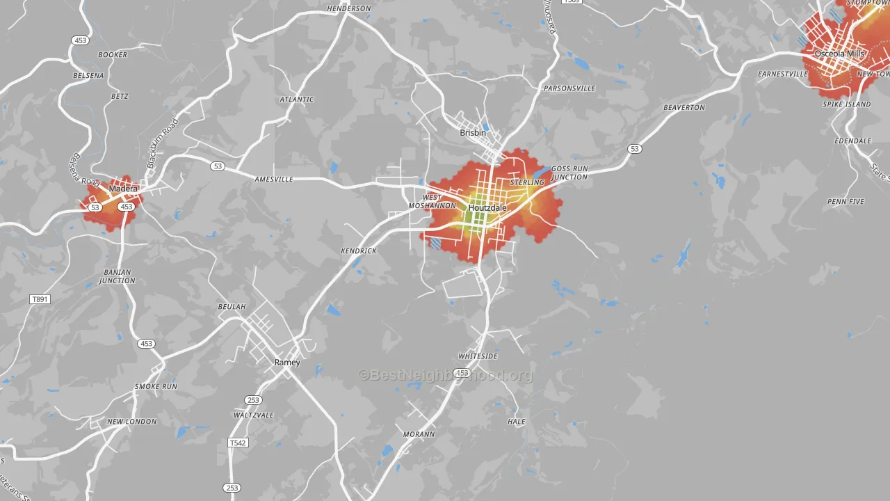 Walk Grade map of Houtzdale, PA, walkable areas in green and car-dependent areas in red