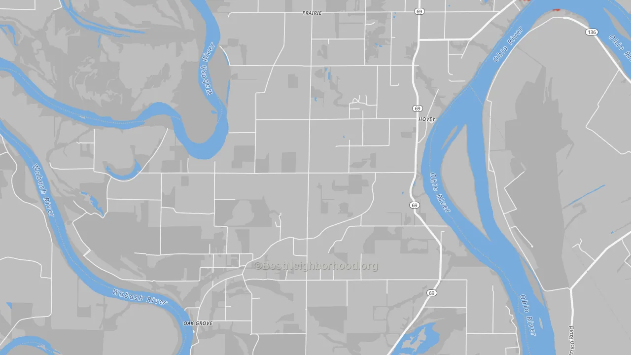 Walk Grade map of Hovey, IN, walkable areas in green and car-dependent areas in red