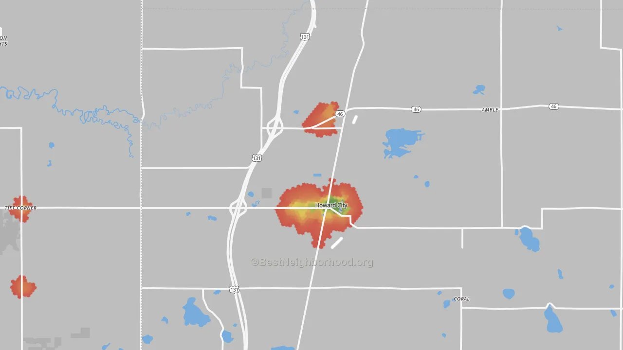 Walk Grade map of Howard City, MI, walkable areas in green and car-dependent areas in red