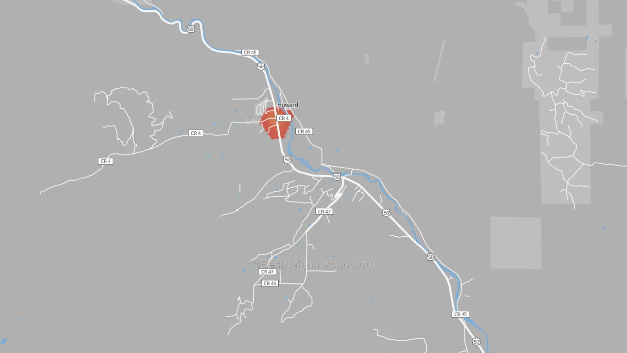 Walk Grade map of Howard, CO, walkable areas in green and car-dependent areas in red