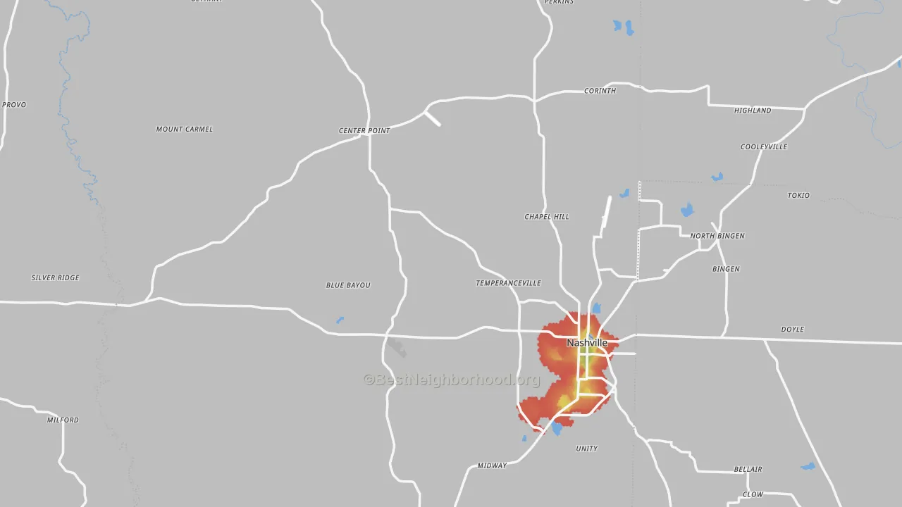 Walk Grade map of Howard County, AR, walkable areas in green and car-dependent areas in red