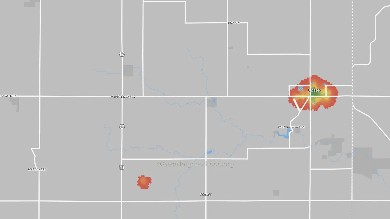 Walk Grade map of Howard County, IA, walkable areas in green and car-dependent areas in red