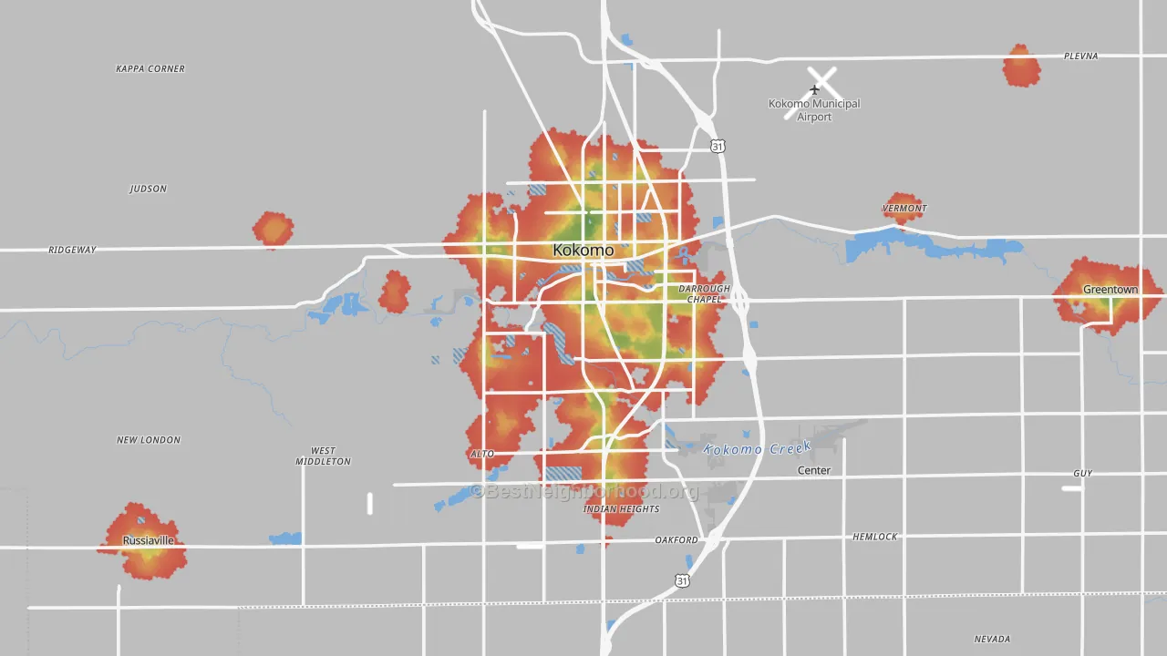 Walk Grade map of Howard County, IN, walkable areas in green and car-dependent areas in red