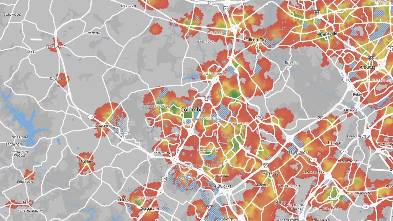 Walk Grade map of Howard County, MD, walkable areas in green and car-dependent areas in red