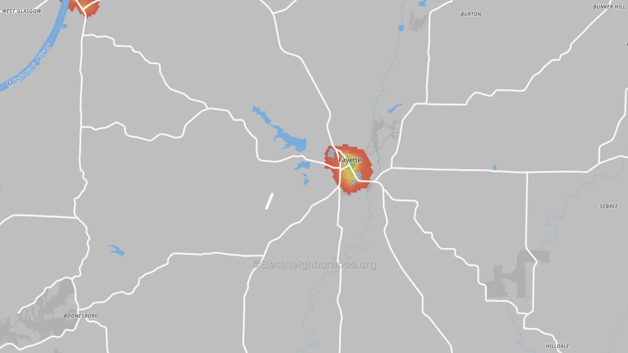 Walk Grade map of Howard County, MO, walkable areas in green and car-dependent areas in red
