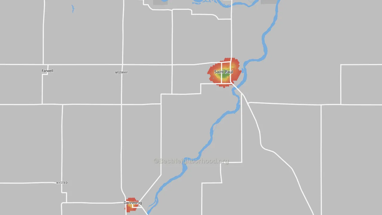 Walk Grade map of Howard County, NE, walkable areas in green and car-dependent areas in red
