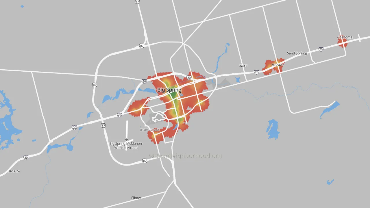 Walk Grade map of Howard County, TX, walkable areas in green and car-dependent areas in red