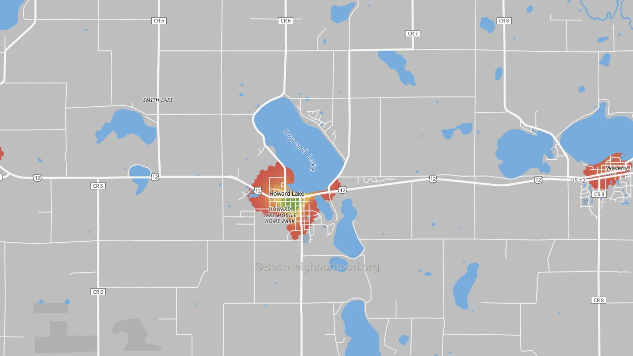 Walk Grade map of Howard Lake, MN, walkable areas in green and car-dependent areas in red