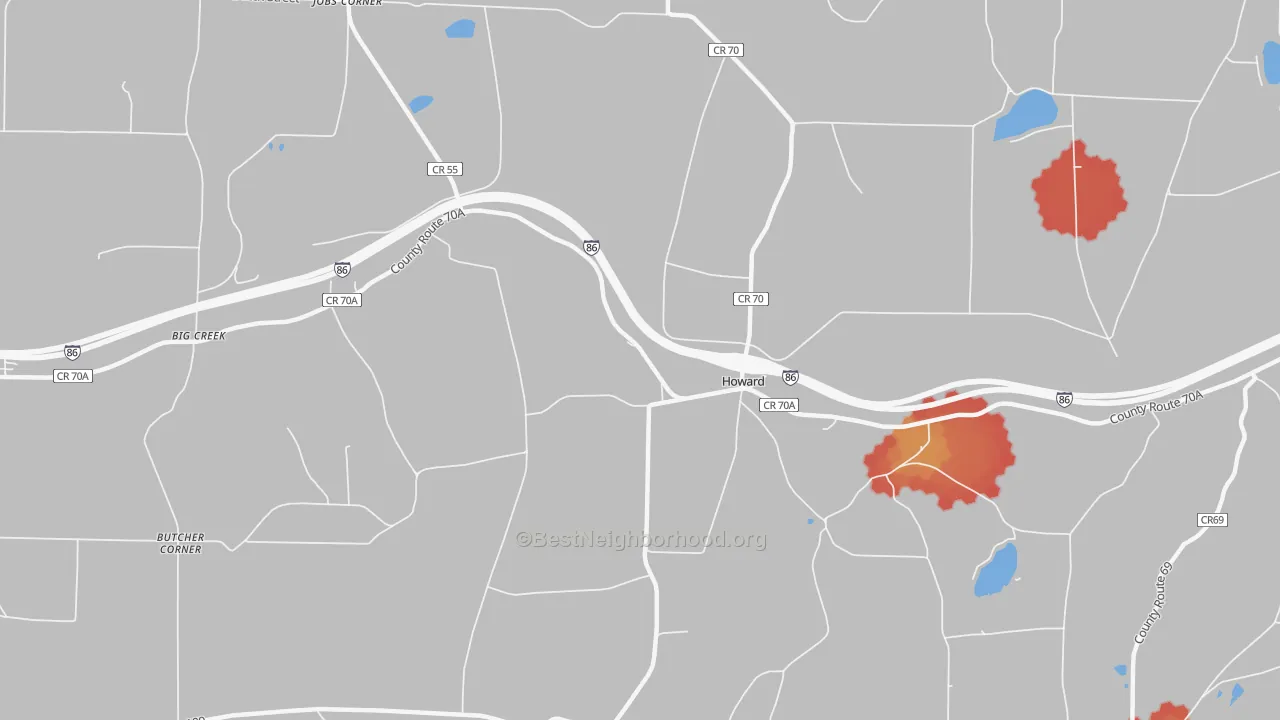 Walk Grade map of Howard, NY, walkable areas in green and car-dependent areas in red