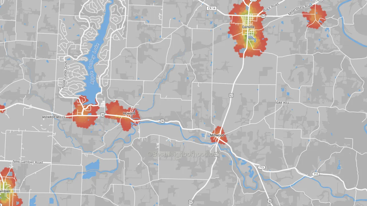 Walk Grade map of Howard, OH, walkable areas in green and car-dependent areas in red