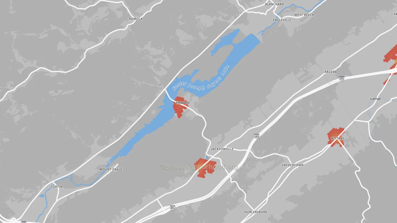 Walk Grade map of Howard, PA, walkable areas in green and car-dependent areas in red