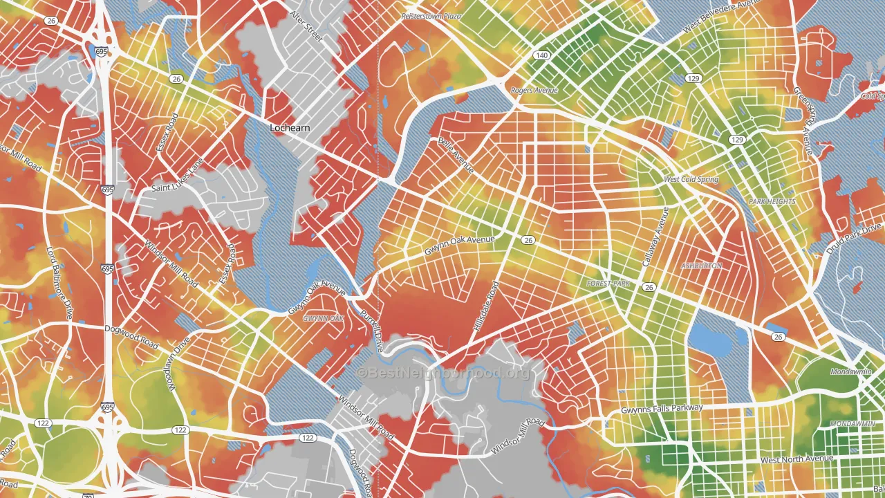 Walk Grade map of Howard Park, Gwynn Oak, MD, walkable areas in green and car-dependent areas in red