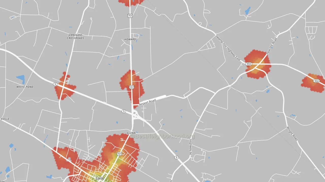 Walk Grade map of Howard, SC, walkable areas in green and car-dependent areas in red