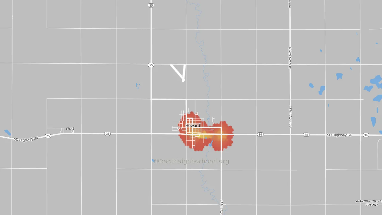 Walk Grade map of Howard, SD, walkable areas in green and car-dependent areas in red