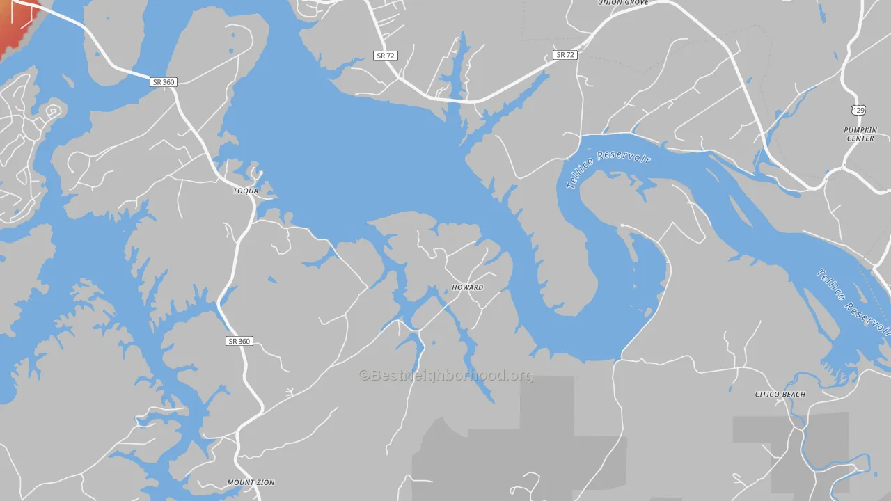 Walk Grade map of Howard, TN, walkable areas in green and car-dependent areas in red