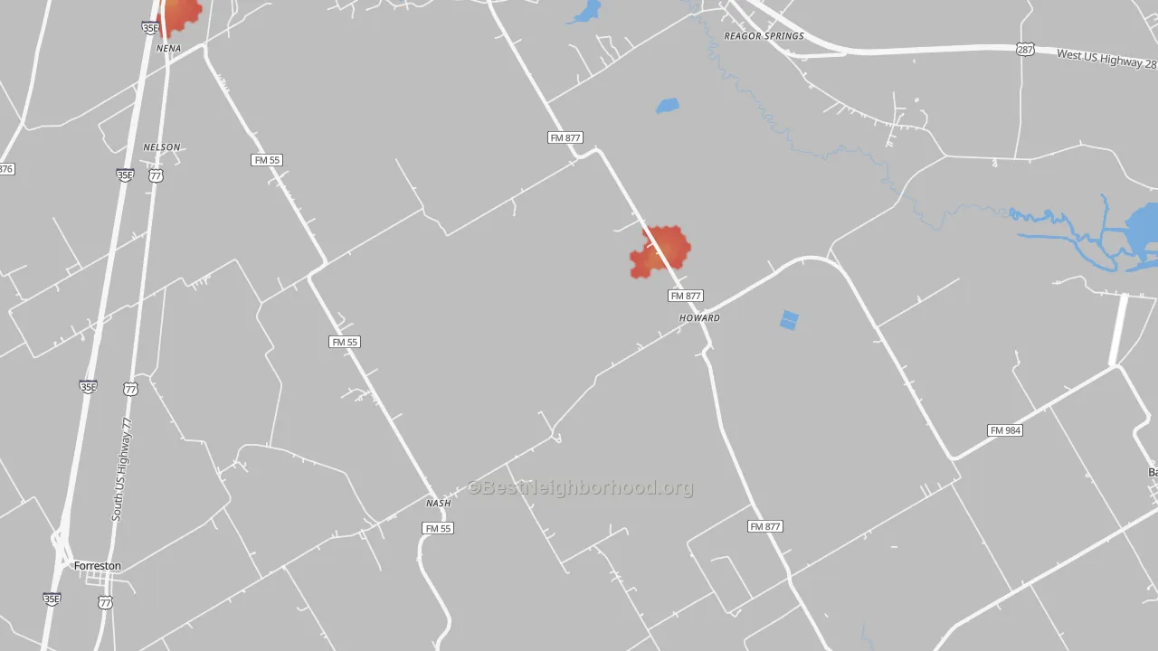 Walk Grade map of Howard, TX, walkable areas in green and car-dependent areas in red